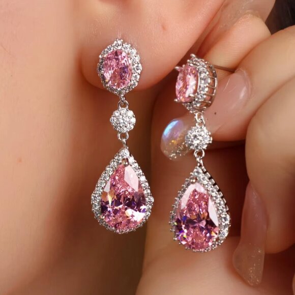 NEW 18k White Gold Pink Sapphire Diamond Drop Earrings - Picture 3 of 3